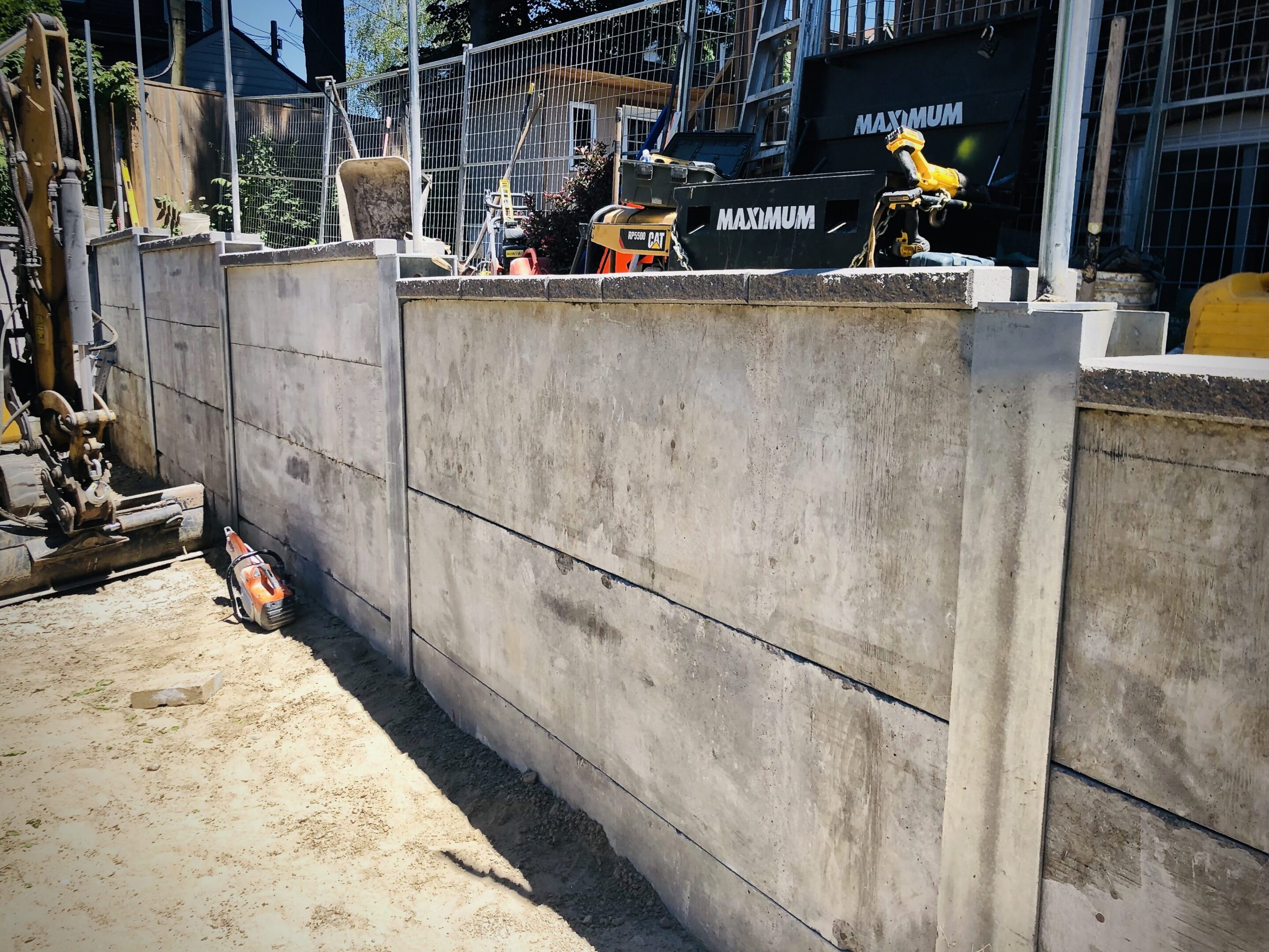 Precast concrete retaining wall at construction site